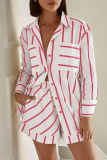 White Casual Striped Print Turndown Collar Long Sleeve Buttons Blouse And Shorts Vacation Two Pieces Shorts Sets