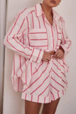 White Casual Striped Print Turndown Collar Long Sleeve Buttons Blouse And Shorts Vacation Two Pieces Shorts Sets