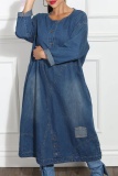 Blue Casual O Neck Long Sleeve Pocket Loose Vacation Denim Maxi Dresses