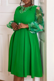 Green Casual Beading O Neck Lantern Sleeve Hollow Out Formal Evening Party Wedding Guest Pleated Midi Dresses