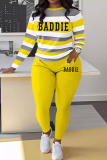Blue Stripe Print O Neck Long Sleeve Oversize Tops And Skinny Pants Sportwear Casual Two Pieces Sweatpant Sets