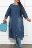Blue Casual O Neck Long Sleeve Pocket Loose Vacation Denim Maxi Dresses