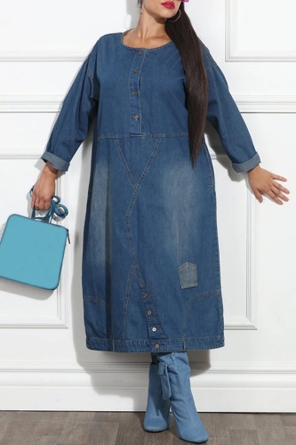 Blue Casual O Neck Long Sleeve Pocket Loose Vacation Denim Maxi Dresses