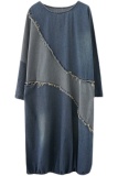 Blue Casual O Neck Long Sleeve Pocket Loose Vacation Ripped Denim Maxi Dresses