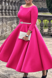 Pink Zipper O Neck 3/4 Sleeve Cinch Waist Formal Evening Party Wedding Guest A Line Pleated Midi Dresses