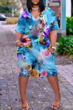 Orange Casual Graphics Print Basic V Neck Short Sleeve Loose Pockets Midi T-Shirt Dress