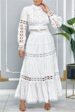White Renaissance Lace Trim Princess Sleeve Hollow Out Long Sleeve Crop Tops And Pleated Maxi Skirt Vacation Two Pieces Dress Set