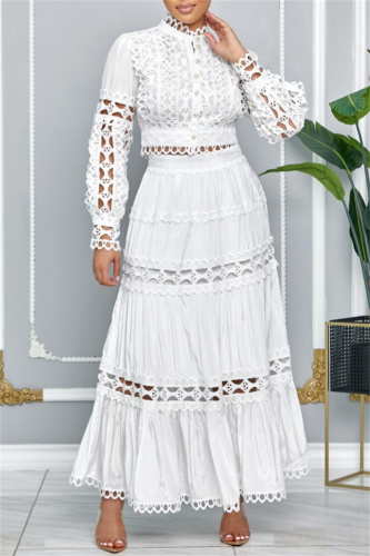 White Renaissance Lace Trim Princess Sleeve Hollow Out Long Sleeve Crop Tops And Pleated Maxi Skirt Vacation Two Pieces Dress Set