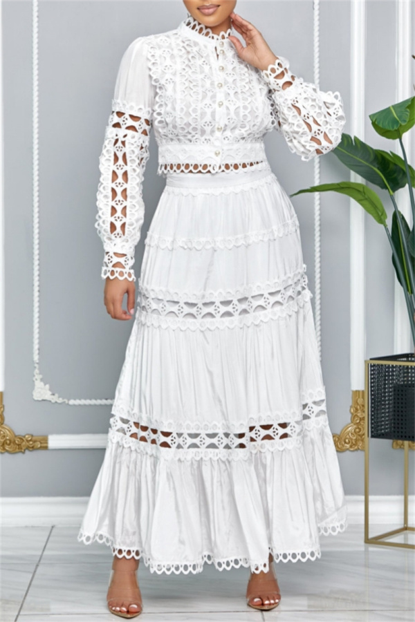 White Renaissance Lace Trim Princess Sleeve Hollow Out Long Sleeve Crop Tops And Pleated Maxi Skirt Vacation Two Pieces Dress Set