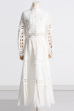 White Renaissance Lace Trim Princess Sleeve Hollow Out Long Sleeve Crop Tops And Pleated Maxi Skirt Vacation Two Pieces Dress Set