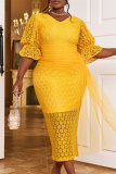 Yellow Lace V Neck Lantern Sleeve Wrapped Skirt Party Formal Wedding Guest Bodycon Maxi Dresses