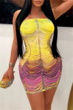 Yellow Ombre Print Backless Sleeveless Wrapped Skirt Bodycon Halter Mini Dresses