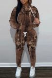 Brown Graphics Print Long Sleeve Hooded Sweatshirt And Drawstring Pants Sportwear Casual Two Pieces Sweatpant Sets