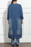 Blue Casual O Neck Long Sleeve Pocket Loose Vacation Denim Maxi Dresses