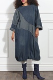 Blue Casual O Neck Long Sleeve Pocket Loose Vacation Ripped Denim Maxi Dresses