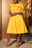 Yellow Flower Decor O Neck Lantern Sleeve  Formal Evening Party Wedding Guest A Line Pleated Midi Dresses