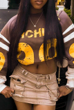Brown Casual Letter Print O Neck Long Sleeve Fall Winter Sweatshirt