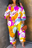 Yellow Casual Floral Print Off Shoulder Long Sleeve Vacation Straight Harem Jumpsuits