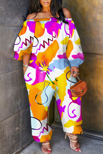 Yellow Casual Floral Print Off Shoulder Long Sleeve Vacation Straight Harem Jumpsuits