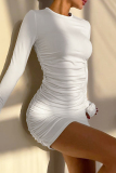 White Flower Shape Decor O Neck Wrapped Skirt Formal Evening Party Ruched Bodycon Mini Dresses