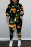 Orange Halloween Costume Pumpkin Print Long Sleeve Hooded Sweatshirt And Drawstring Pants Sportwear Casual Two Pieces Sweatpant Sets