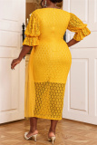 Yellow Lace V Neck Lantern Sleeve Wrapped Skirt Party Formal Wedding Guest Bodycon Maxi Dresses