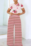 Pink Casual Striped Floral Print O Neck Short Sleeve Crop Tops And Wide Leg Pants Vacation Trouser Sets Two Pieces Trouser Sets