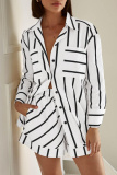 White Casual Striped Print Turndown Collar Long Sleeve Buttons Blouse And Shorts Vacation Two Pieces Shorts Sets