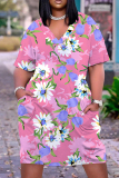 Orange Casual Graphics Print Basic V Neck Short Sleeve Loose Pockets Midi T-Shirt Dress
