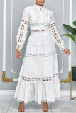 White Renaissance Lace Trim Princess Sleeve Hollow Out Long Sleeve Crop Tops And Pleated Maxi Skirt Vacation Two Pieces Dress Set