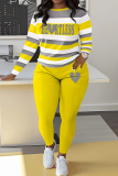 Claret Stripe Print O Neck Long Sleeve Oversize Tops And Skinny Pants Sportwear Casual Two Pieces Sweatpant Sets
