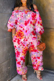Yellow Casual Floral Print Off Shoulder Long Sleeve Vacation Straight Harem Jumpsuits