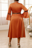 Brown Casual Half A Turtleneck Flare Sleeve Cinch Waist Formal Evening Party Wedding Guest Maxi Dress