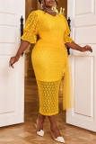 Yellow Lace V Neck Lantern Sleeve Wrapped Skirt Party Formal Wedding Guest Bodycon Maxi Dresses