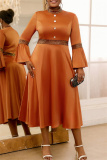 Brown Casual Half A Turtleneck Flare Sleeve Cinch Waist Formal Evening Party Wedding Guest Maxi Dress