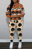 Orange Halloween Costume Pumpkin Print Long Sleeve Hooded Sweatshirt And Drawstring Pants Sportwear Casual Two Pieces Sweatpant Sets