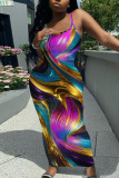 Blue Graphics Sleeveless Backless Spaghetti Strap U Neck Vacation Bodycon Maxi Slip Dress