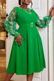 Green Casual Beading O Neck Lantern Sleeve Hollow Out Formal Evening Party Wedding Guest Pleated Midi Dresses