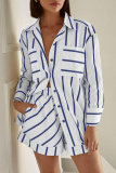 White Casual Striped Print Turndown Collar Long Sleeve Buttons Blouse And Shorts Vacation Two Pieces Shorts Sets