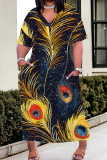 Black Gold Casual Graphics Print Basic V Neck Short Sleeve Pockets Loose Midi T-shirt Dress