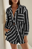 White Casual Striped Print Turndown Collar Long Sleeve Buttons Blouse And Shorts Vacation Two Pieces Shorts Sets