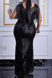 Black Sequins Slit O Neck Fringed Trim Formal Evening Party Wedding Bodycon Maxi Dresses