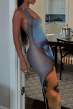 Blue Figure Print Backless Long Vacation Bodycon Halter Maxi Dresses