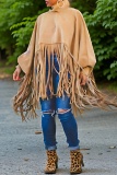 Khaki Turtleneck Lantern Sleeve Fringe Top Plus Size Tassel Pullover Poncho Coat Faux Suede Shawl