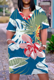 Yellow Casual Graphics Print Basic V Neck Short Sleeve Pockets Loose Midi T-shirt Dress