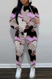 White Red Graphics Print Long Sleeve Hooded Sweatshirt And Drawstring Pants Sportwear Casual Two Pieces Sweatpant Sets