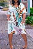 Yellow Casual Graphics Print Basic V Neck Short Sleeve Pockets Loose Midi T-shirt Dress