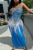 Blue Graphics Sleeveless Backless Spaghetti Strap U Neck Vacation Bodycon Maxi Slip Dress