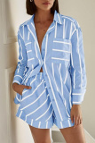 White Casual Striped Print Turndown Collar Long Sleeve Buttons Blouse And Shorts Vacation Two Pieces Shorts Sets