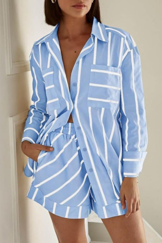 White Casual Striped Print Turndown Collar Long Sleeve Buttons Blouse And Shorts Vacation Two Pieces Shorts Sets